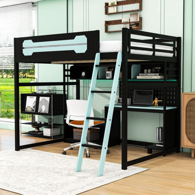 Full Wood Loft Bed With Desk, Shelves, LED Lights And Charging Ports