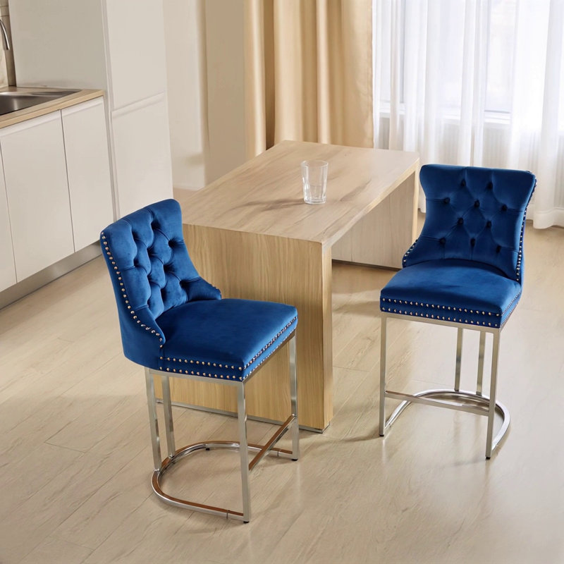 25" Counter Height Bar Stools Set Of 2, Blue Velvet