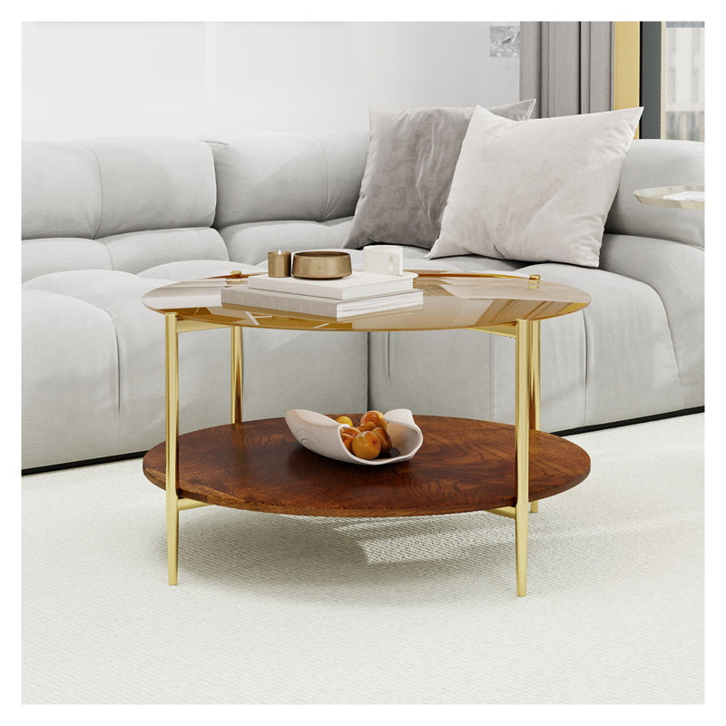 Table basse ronde moderne à double couche avec plateau en verre trempé et tablette en bois Modern Gold - diamètre de 32,3 pouces