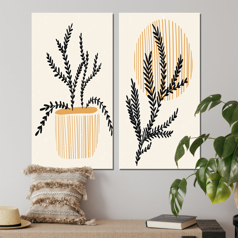 «Dark Silhouettes of Plants on Cream III», ensemble de 2 peintures, H 20 po x l 24 po x P 1 po, Toile tendue