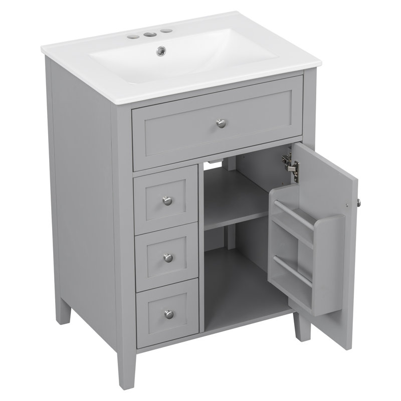 Meuble-lavabo 24 po avec lavabo, panneau de fibres à densité moyenne et bois d'hévéa, 3 tiroirs, armoire avec tablettes réglables, design moderne | Idée cadeau