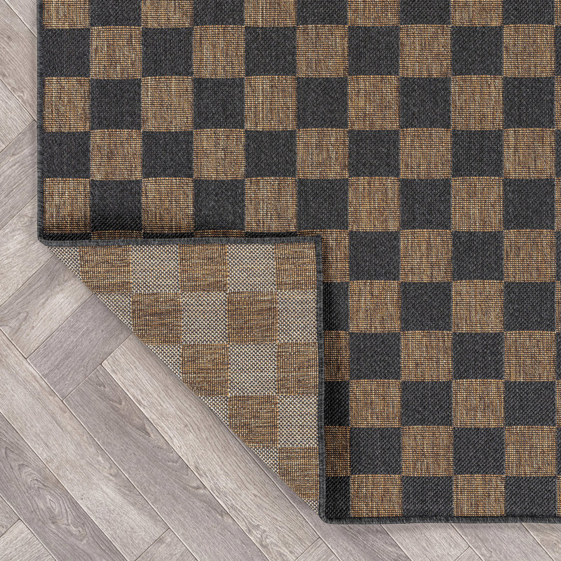 Tapis intérieur / extérieur tissé à carreaux gris foncé / naturel à motif de jute facile d'entretien, Gris foncé