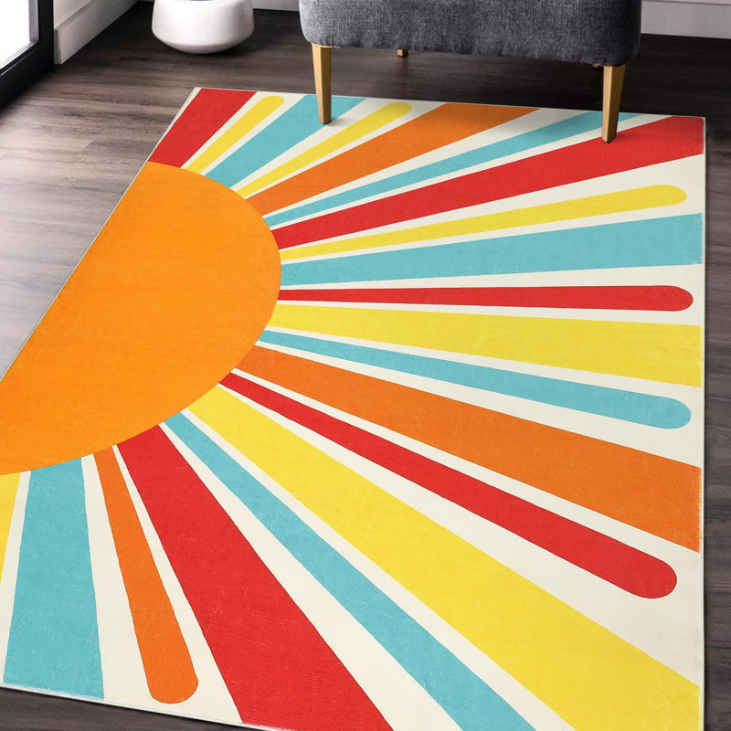 Washable Non-Slip Runner Rug – Vintage Rainbow Sunburst Low-Pile Carpet, Mark Resistant, Geometric Mid-Century Modern Decor for Hallway, Kitchen, Entryway, Bathroom, Kids Room