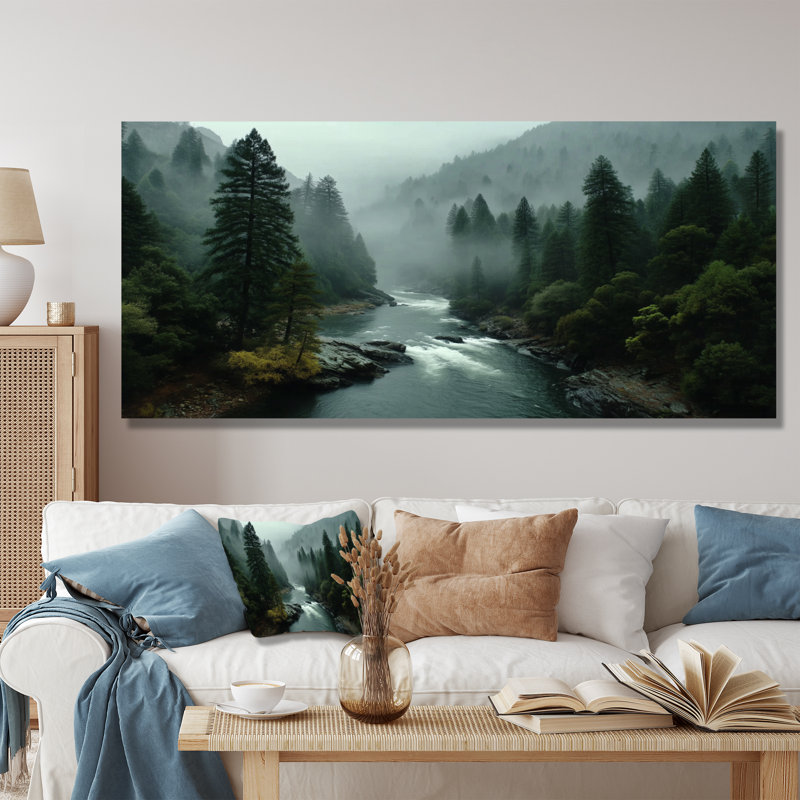 «Morning Mist In The Vancouver Mountains - Forest River Mountains, reproduction d'art sur toile, paysage vert», Toile tendue