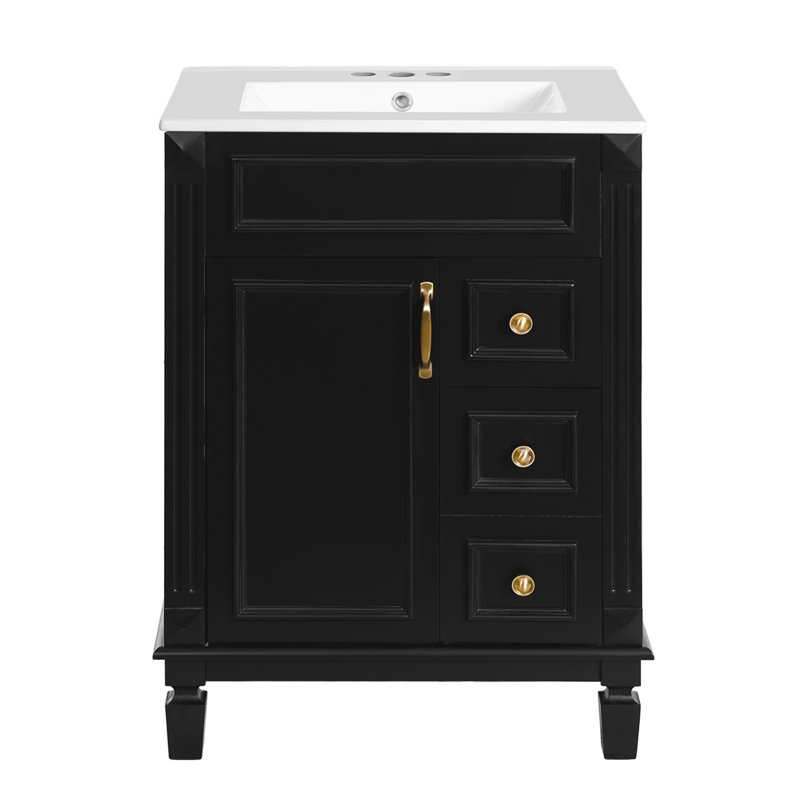 Meuble-lavabo 24 po avec lavabo en céramique, petite armoire de salle de bain moderne, 2 tiroirs et tablette réglable, Noir