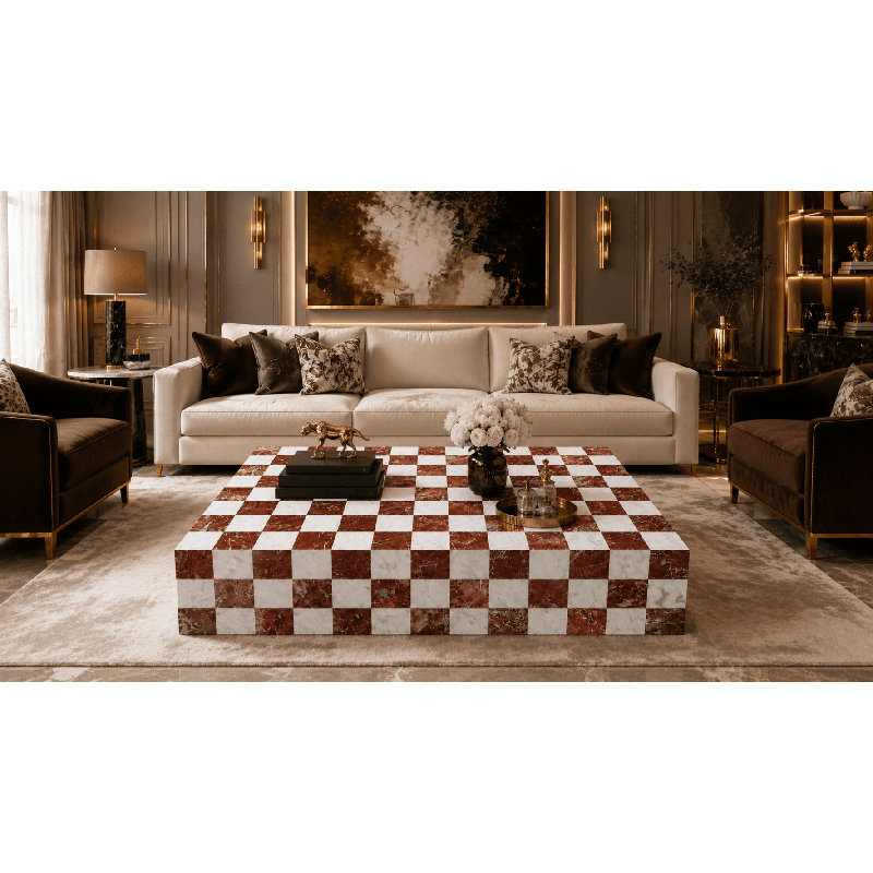 Genuine Marble Block Coffee Table - King Red/Carrara Marble, 54" Extra Large