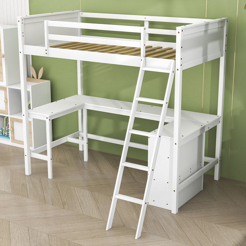Wood Loft Bed With Desk And Shelves, White, Full