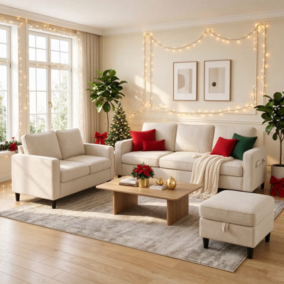 3-Piece Linen L-Shaped Set，3-Seater Sofa, Loveseat with Ottoman & Side Pockets, Beige
