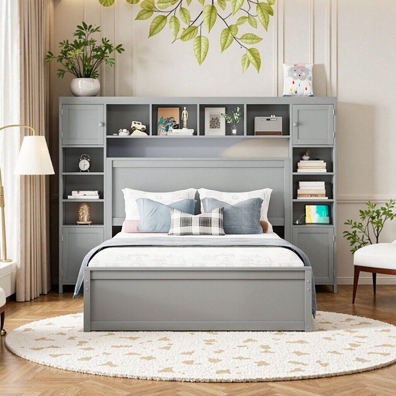 Élégant grand lit en bois avec rangement, gigogne et prises de courant intégrées - Lit plateforme gris moderne pour une vie confortable et connectée