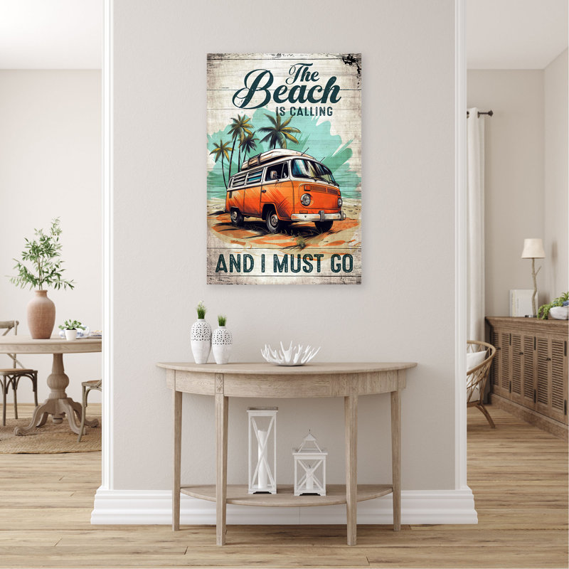 Beach Van - «The Beach Is Calling And I Must Go», toile tendue avec châssis - Illustration de plage, décor de salon vert