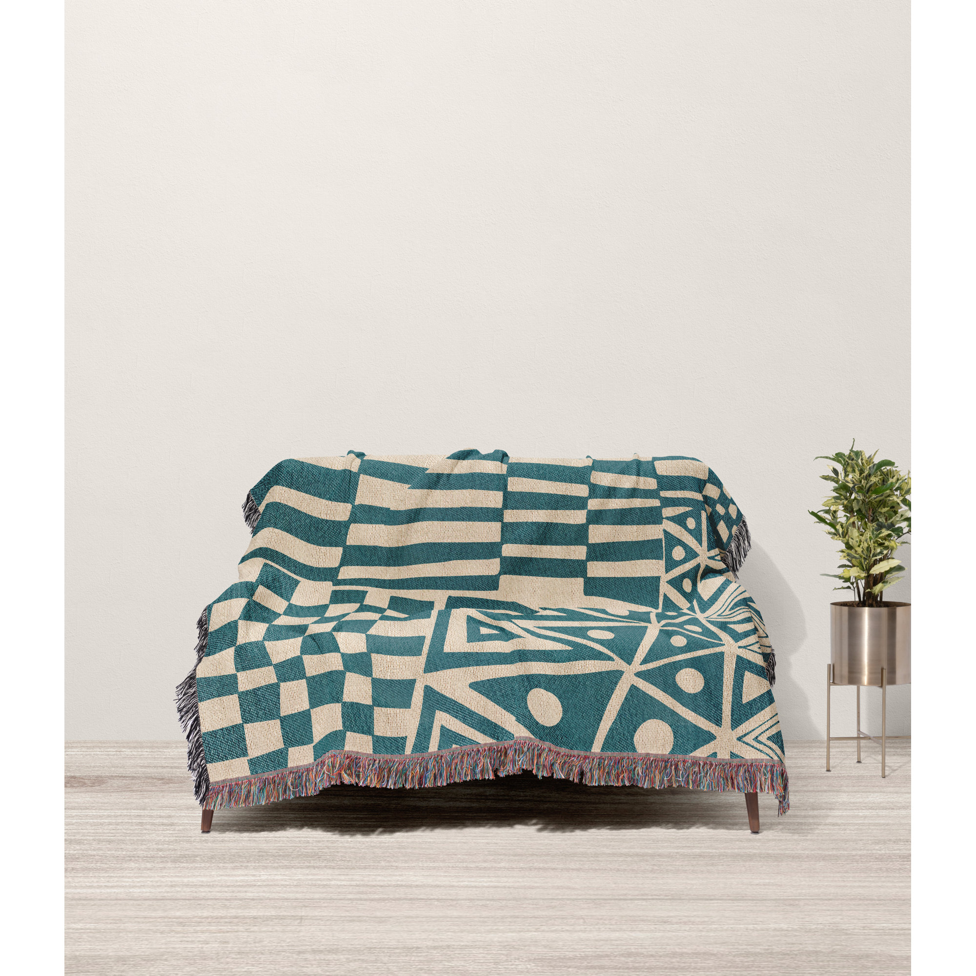 Cocodili Cotton Hand Woven Throw Blanket, Teal/Beige, Throw