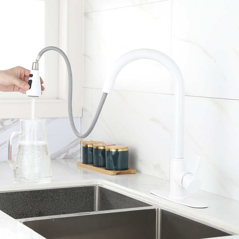 White Stainless Steel Kitchen Faucet With Pull-Out Spray Head, Modern Design For Simple And Elegant Look, 360 Rotatable Nozzle, Dual Water Output Modes Faucet, Stylish Two Settings, Easy Single