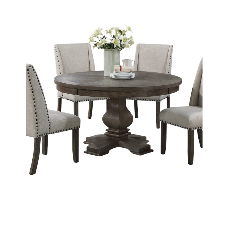 Traditional Round Pedestal Dining Table, 54" Diameter, Oak Finish Solid Rubberwood