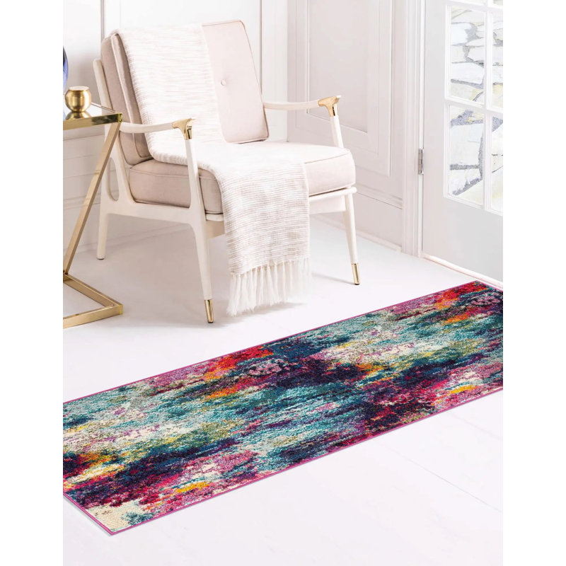 Tapis rose / noir / gris à motif abstrait Quinlin, Tapis de couloir 2 pi 7 po x 10 pi