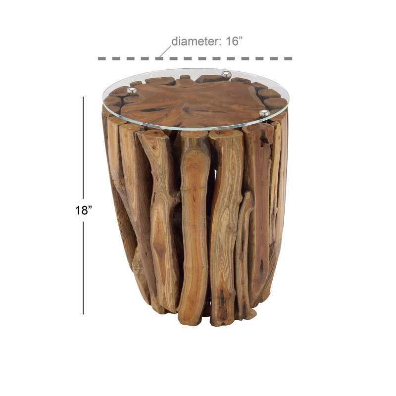 Ranier Brown Teak Wood Handmade Live Edge Tree Branch Side End Accent Table with Clear Glass Top