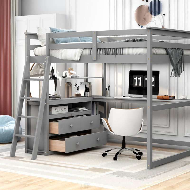 Lit mezzanine double avec bureau, tablettes et deux tiroirs intégrés, gris, peu encombrant et multifonctionnel, Gris