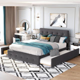 Upholstered Platform Bed With 2 Drawers And 1 XL Trundle, Linen Fabric, Size -