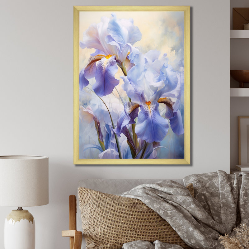 Impression romantique sur toile rose et mauve iris, Encadrement doré, H 32 po x l 24 po x P 1 po