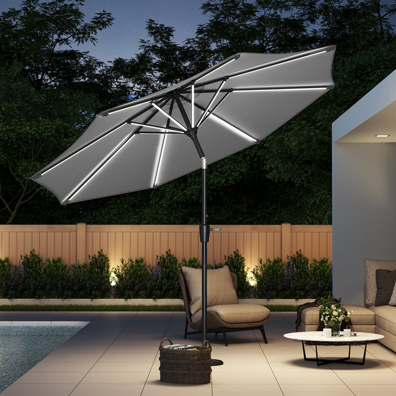 300cm Large Solar Powered LED Patio Umbrella for Outdoor Garden Patio without Base, Grey