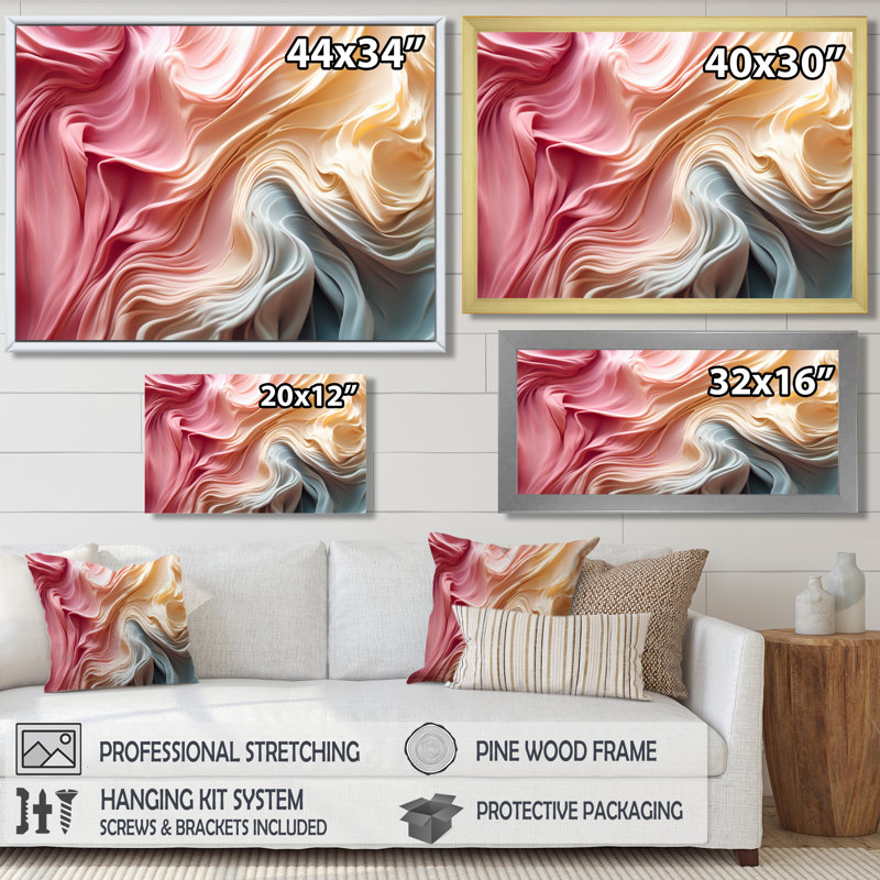 «Pink Pastel Flowing Silk Roads - Abstract Modern Waves Wall Art Living Room, Cadre flottant noir, H 12 po x l 20 po