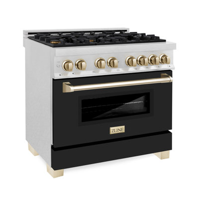 ZLINE Autograph 36 po. Cuisinière à double carburant en acier satiné avec accents noir et or