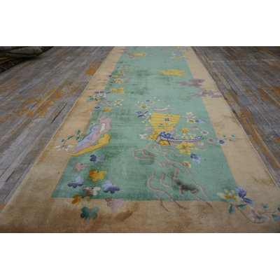 Antique Artistic Sea Foam Green Color Scenic Chinese Art Deco Rug