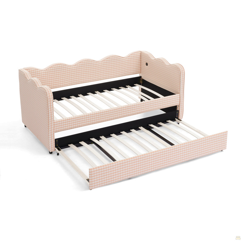 Daybed With Trundle Twin Size Sofa Bed No Box Spring Needed, With USB Port And Adorable Wave Shaped, Pink