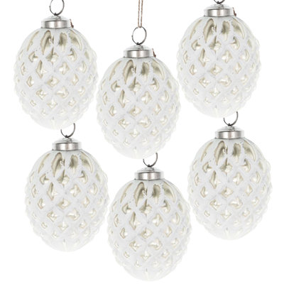 6-Pc White Glass Christmas Ball Ornaments | 4.2" Hanging Holiday Decor