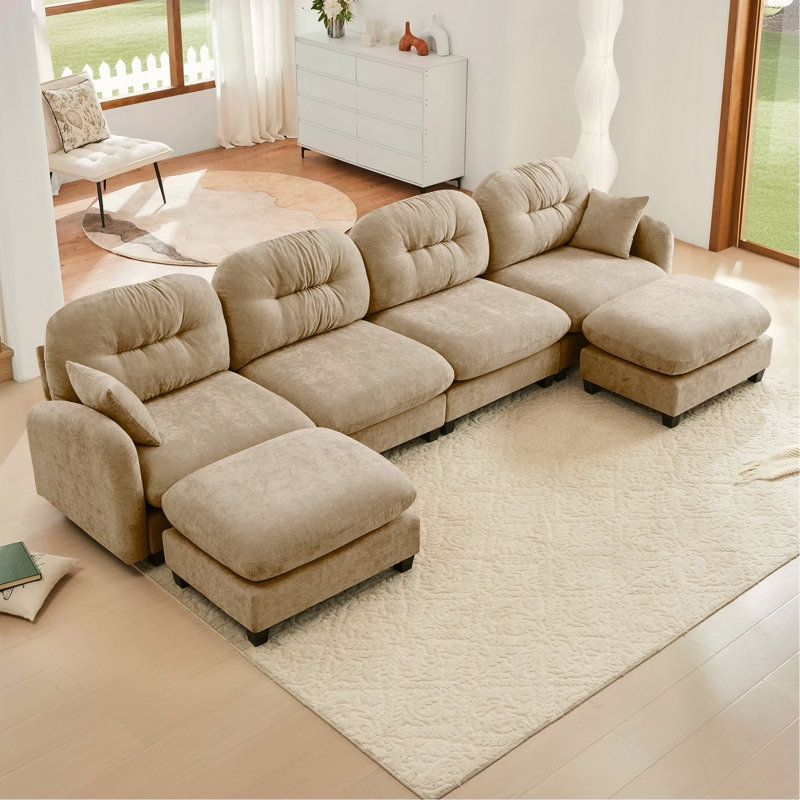 Canapé modulaire en U modulaire avec repose-pieds, tissu chenille doux, conception plissée matelassée, conception ergonomique en mousse haute densité, accoudoirs élégants, facile à installer dans les salons, chameau