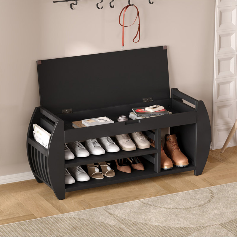 Retro Multifunctional Shoe Storage Bench With Cushion And Curved Side Panel, Black