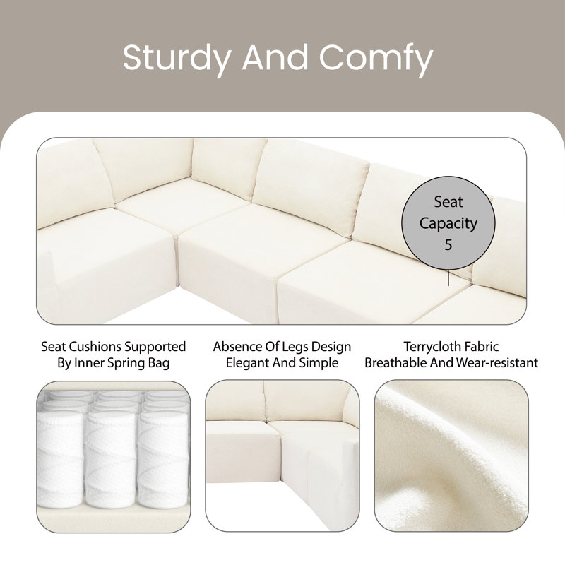 Darende Upholstered L-Shaped Sectional, White Polyester