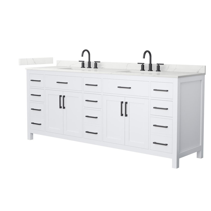 Beckett 84" Freestanding Double Bathroom Vanity with Quartz Top, White, Matte Black, Giotto Quartz