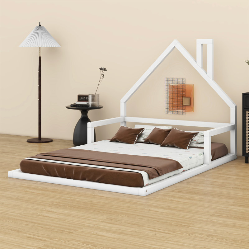 Wood Floor Bed with House-shaped Headboard, Twin, White