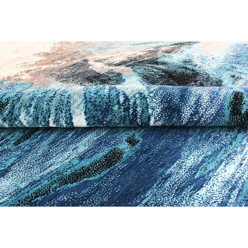 Hand Knotted Abstract Area Rug in Blue/Beige, Rectangle 9' x 12'