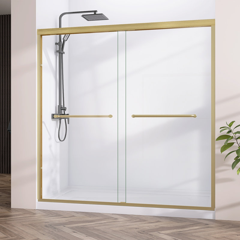 66"X72" Shower Door Semi Frameless Double sliding With Brushed Gold Hardware & 1/4inch Tempered Glass Shower Enclosure For Modern Bathroom