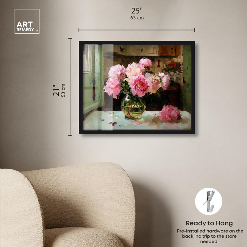 Pe pivoines au soleil I, impression d'art de boîte à ombre par Art Remedy, H 21 po x l 25 po, Noir