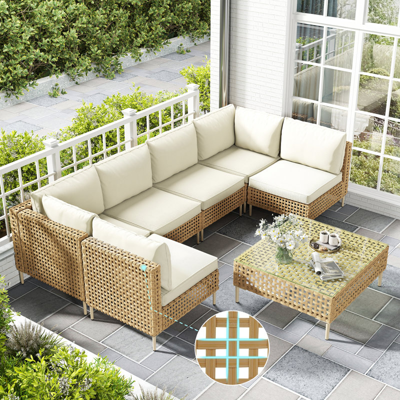 Ensemble de conversation d'extérieur pour 6 personnes avec coussins Keaghan, Beige