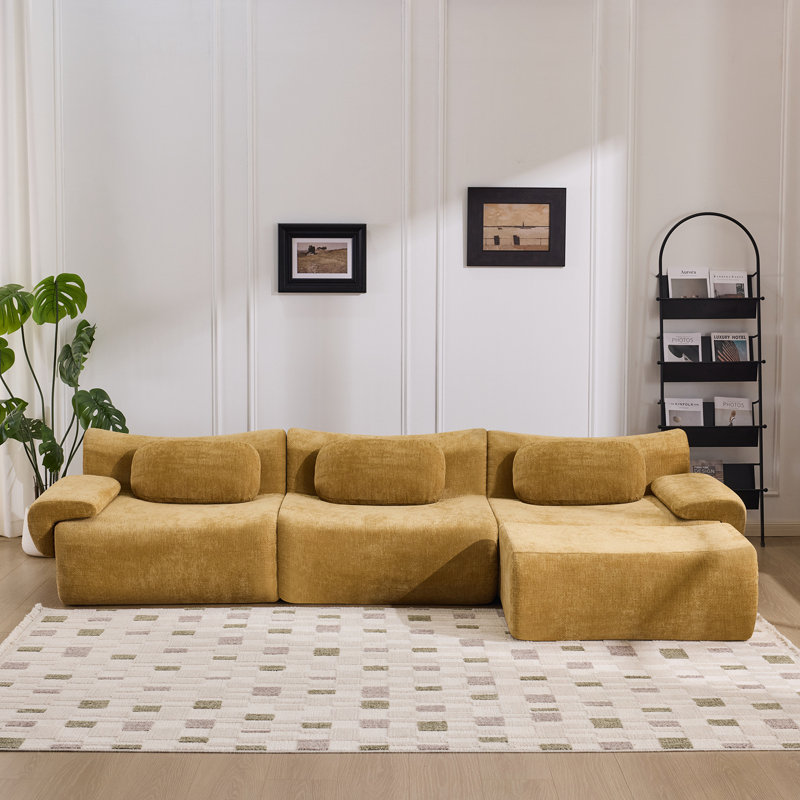 Canapé rembourré avec 3 coussins et repose-pieds, Jaune