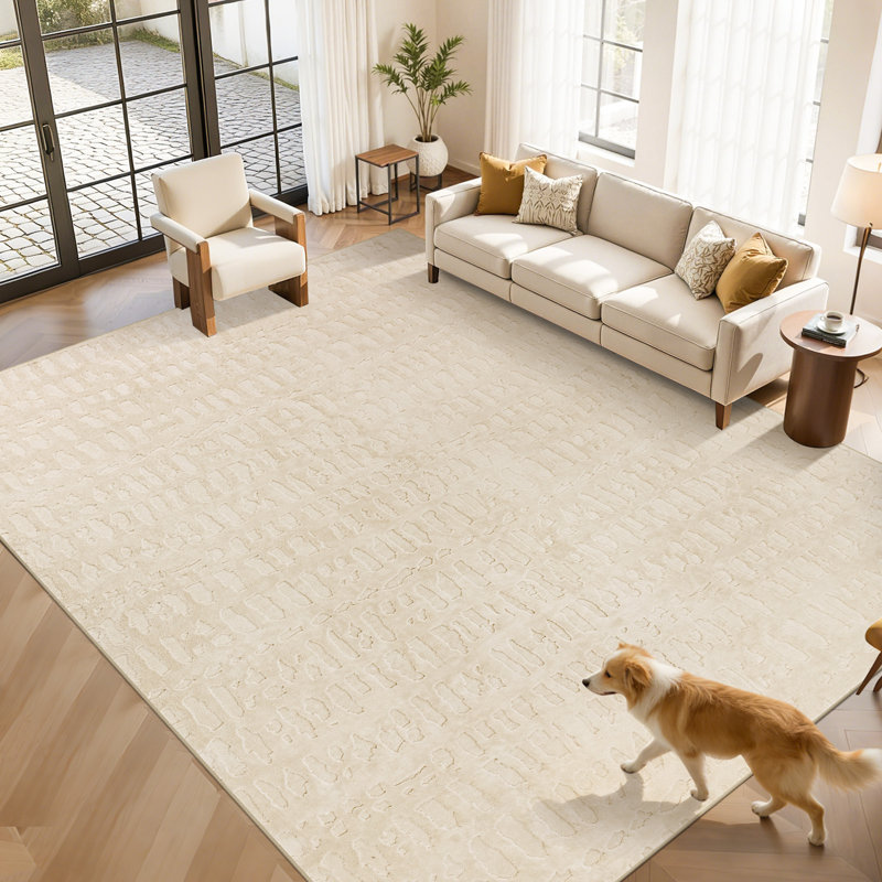 Modern Plush Velvet Carpet Washable Non-Slip Ivory Area Rug, Rectangle 9' x 12'