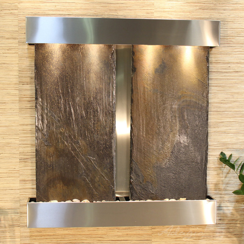 Aspen Falls Wall Fountain with Light, Stainless Steel, Multi-Color Slate