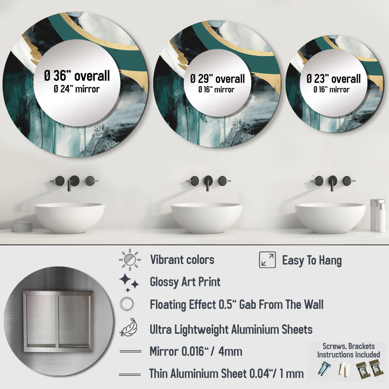Philisha Gold And Green Geometric Enchantment II - Marble Large Mirror, Modern Round Unique Wall Mirror Decor, Printed Metal Art