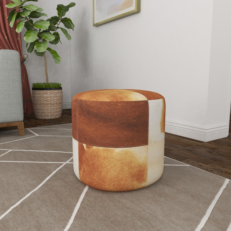  Alīna Leather Handmade Cowhide Living Room Stool with Patchwork Pattern, Brown Genuine Leather