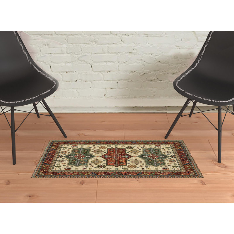 Tapis oriental en laine tissé à la machine en rouge / vert, Rectangle 2 pi x 3 pi