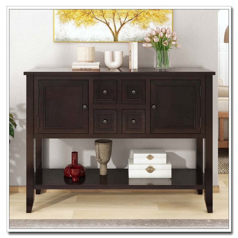 Console de rangement rétro avec quatre petits tiroirs et une tablette inférieure, Espresso