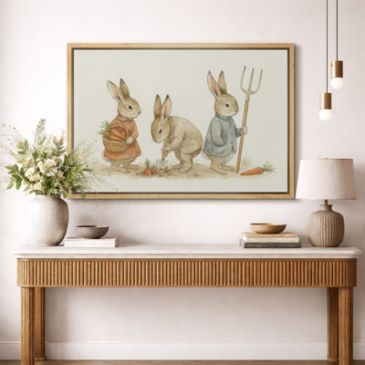 «Vintage Farm Rabbits Harvesting Carrots Illustration», reproduction d'art sur toile encadrée
