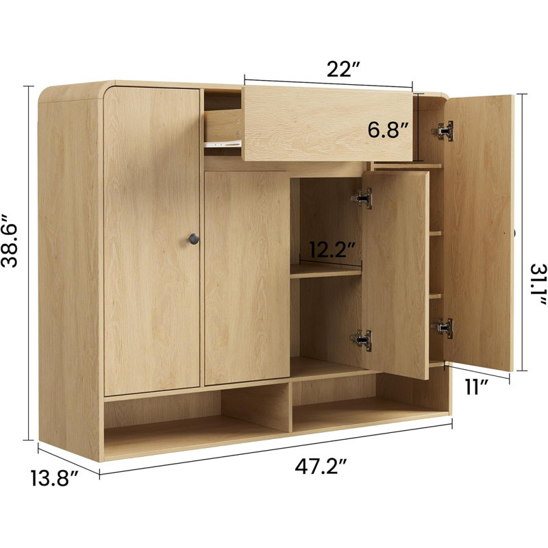 47.2" Shoe Cabinet with 4 Doors & 1 Drawer, Freestanding Narrow Entryway Organizer for Hallway or Living Room, Natural Wood