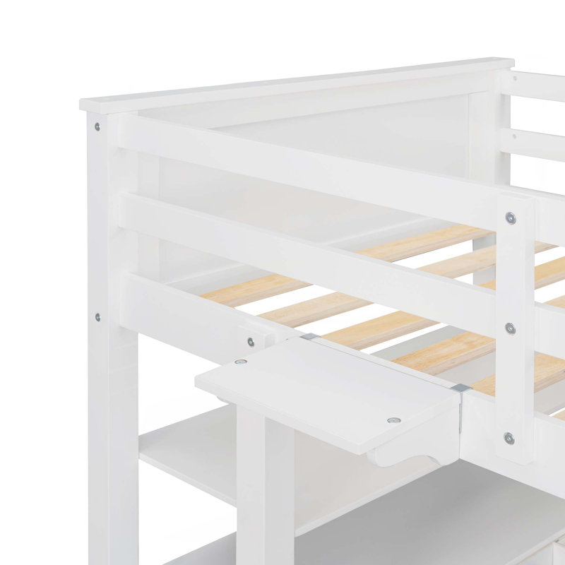 Twin Size Loft Bed With Drawers And Desk, Wooden Loft Bed With Shelves, White