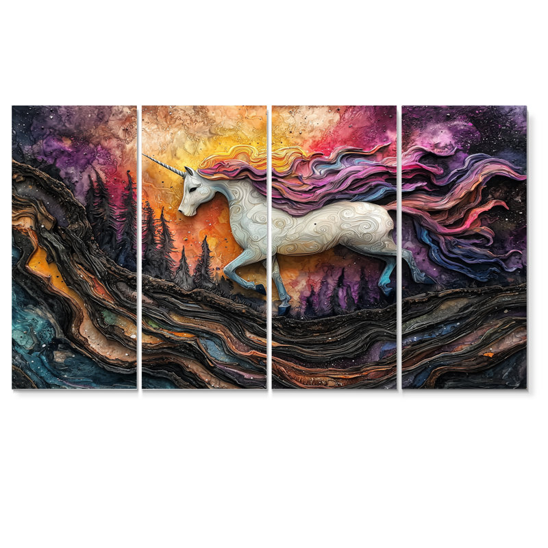 Unicorns on Cosmic Castle Landscape III - Unicorns Wall Art - Art mural moderne pour le salon, 4 pièces, H 32 po x l 64 po