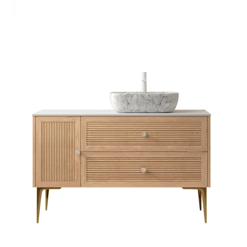 48" Bathroom Vanity & Sink, Freestanding Plywood Storage Cabinet with Legs, 1 Door & 2 Drawers, Carrara Sintered Stone Top & Marble Pattern Rectangle Ceramic Basin, Pre-assembled