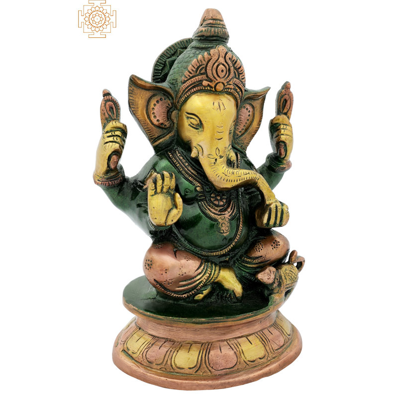 Figurine Bénédiction Ganesha assise sur piédestal, Vert